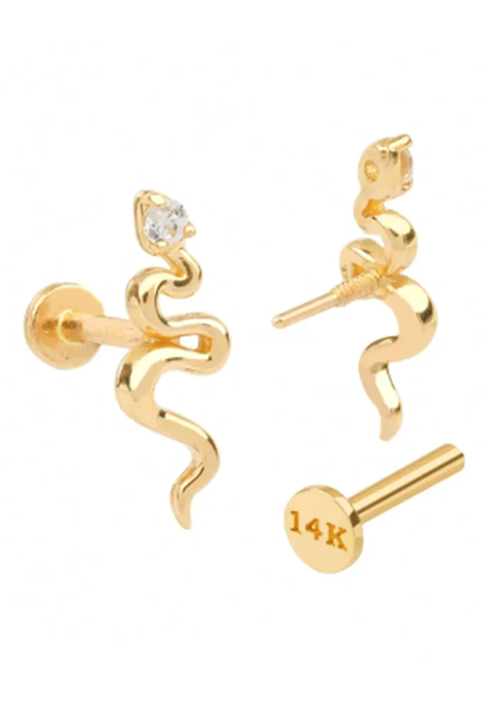 14K Real Gold Cz or Genuine Diamond Snake Forward Helix Cartilage Tragus Inner Conch Internally Threaded Earring Labret Jewelry