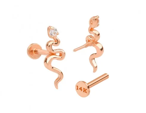 14K Real Gold Cz or Genuine Diamond Snake Forward Helix Cartilage Tragus Inner Conch Internally Threaded Earring Labret Jewelry