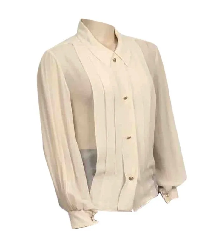 1987, Collection 20 Vintage Chanel Ivory Ecru Silk pleated Button down Blouse Top US 12