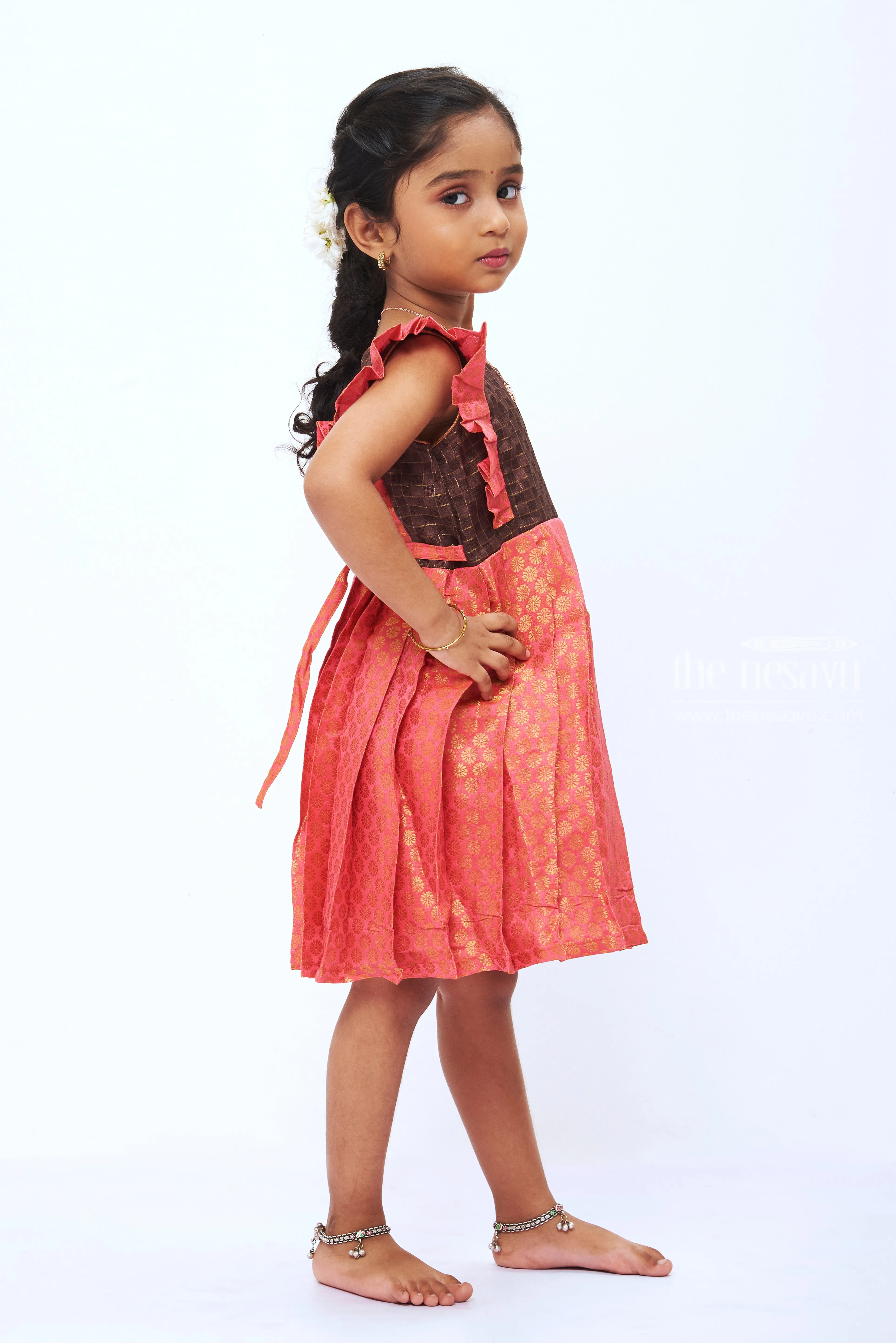 Adorable Pleated Semi-Silk with Ruffled Yoke Frock For Girls