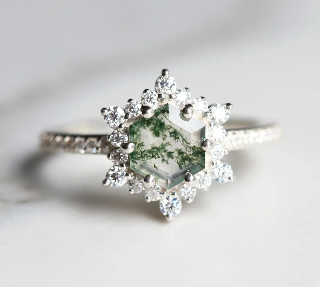 Ayla Hexagon Moss Agate Ring With Diamond Halo