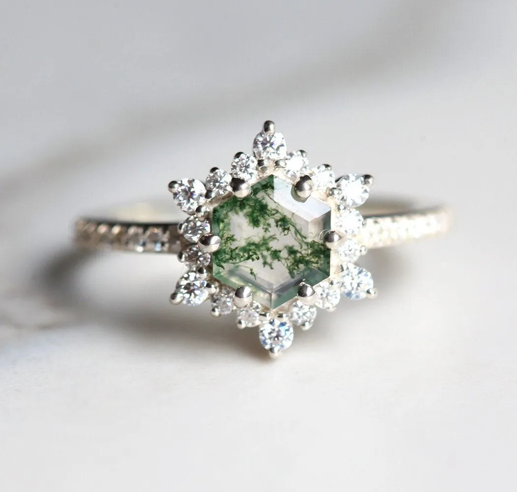 Ayla Hexagon Moss Agate Ring With Diamond Halo