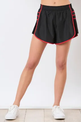 Black and Red Contrast Binding & Side Pleated Sporty Shorts