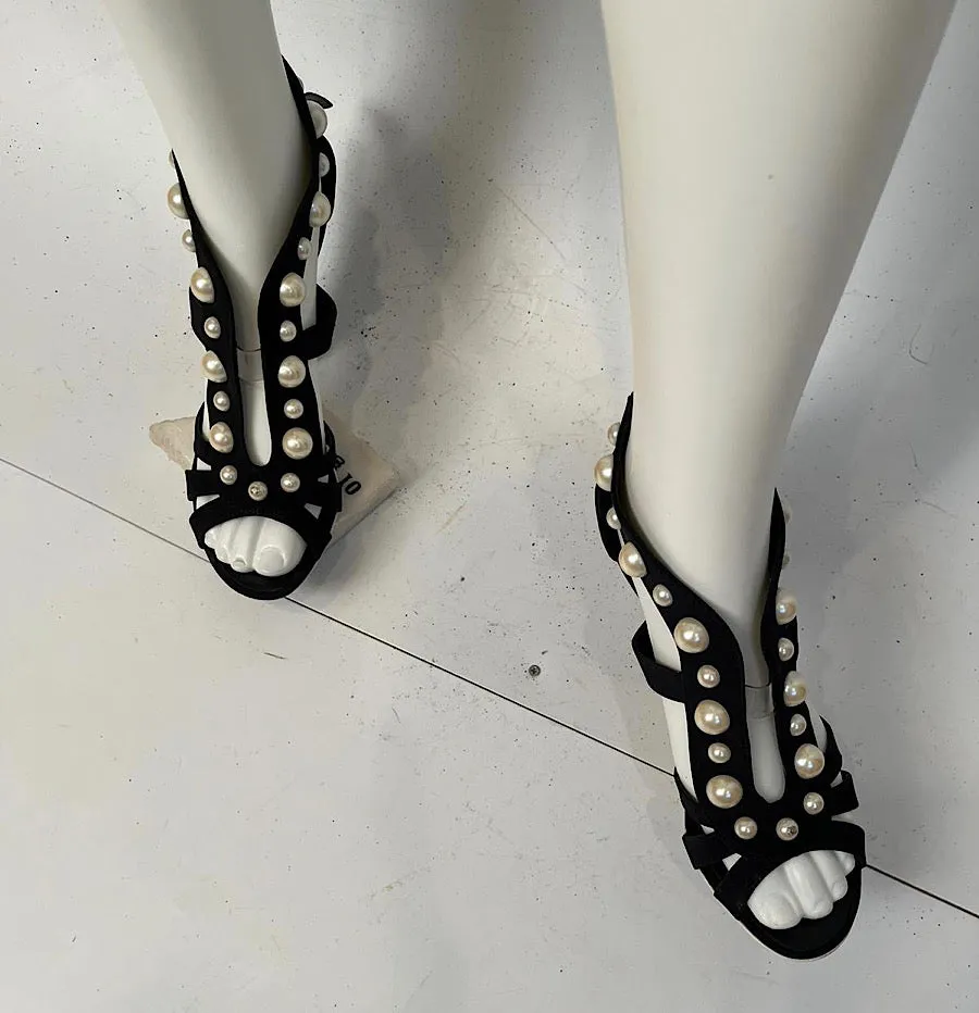 Chanel Black Strap Sandal Heels Pearl Trim EU 37.5 US 6.5/7 Narrow