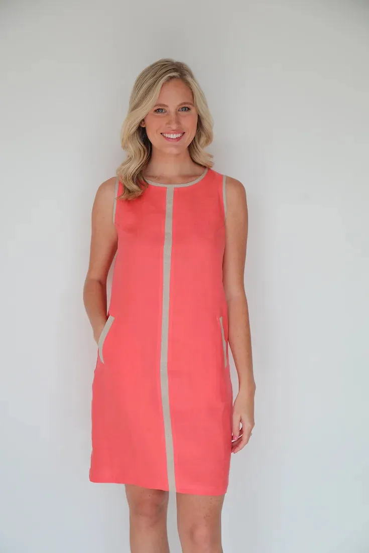 Coral with Gold Linen Shift Dress