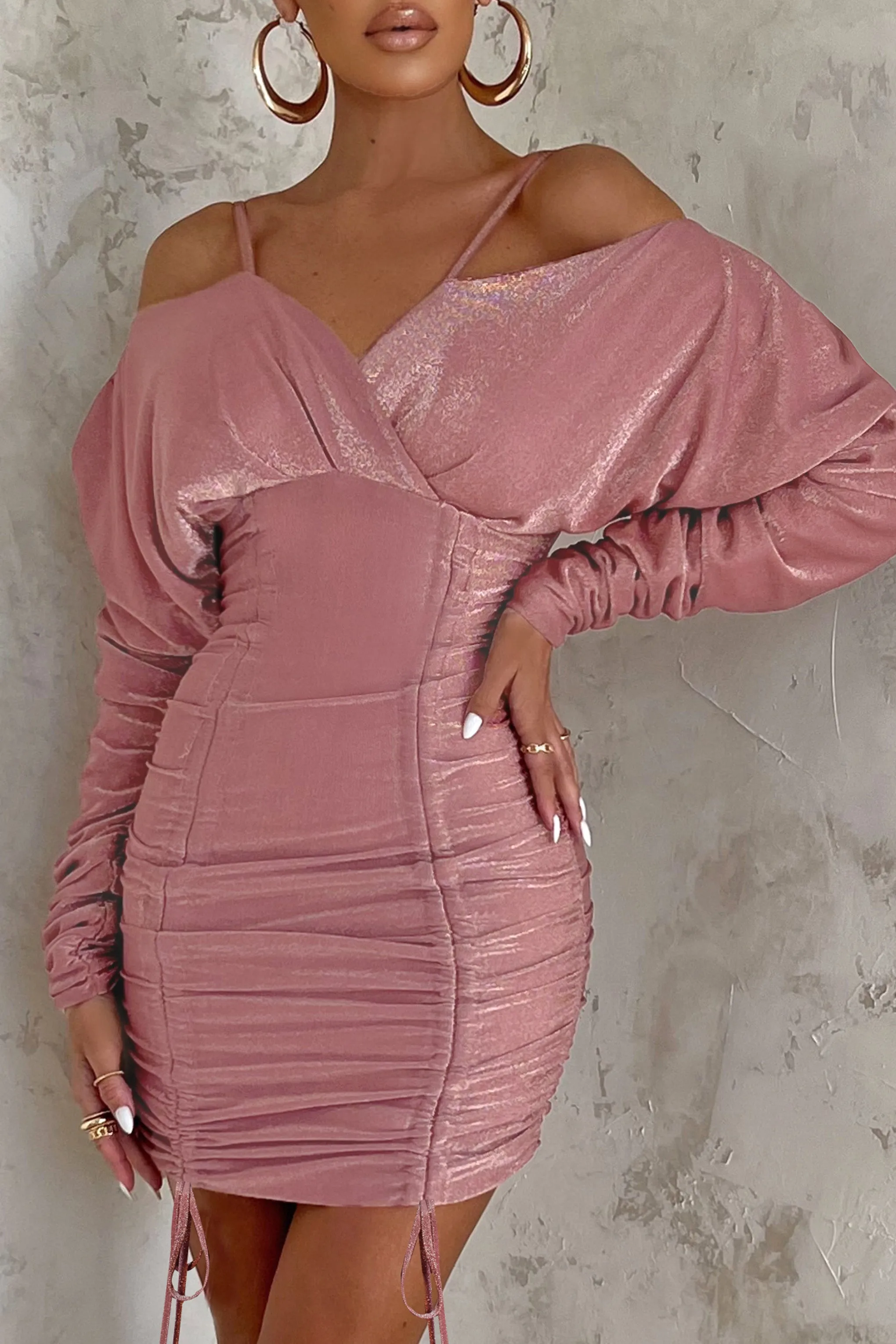 Cupid's Wish | Rose Metallic Off The Shoulder Ruched Mini Dress