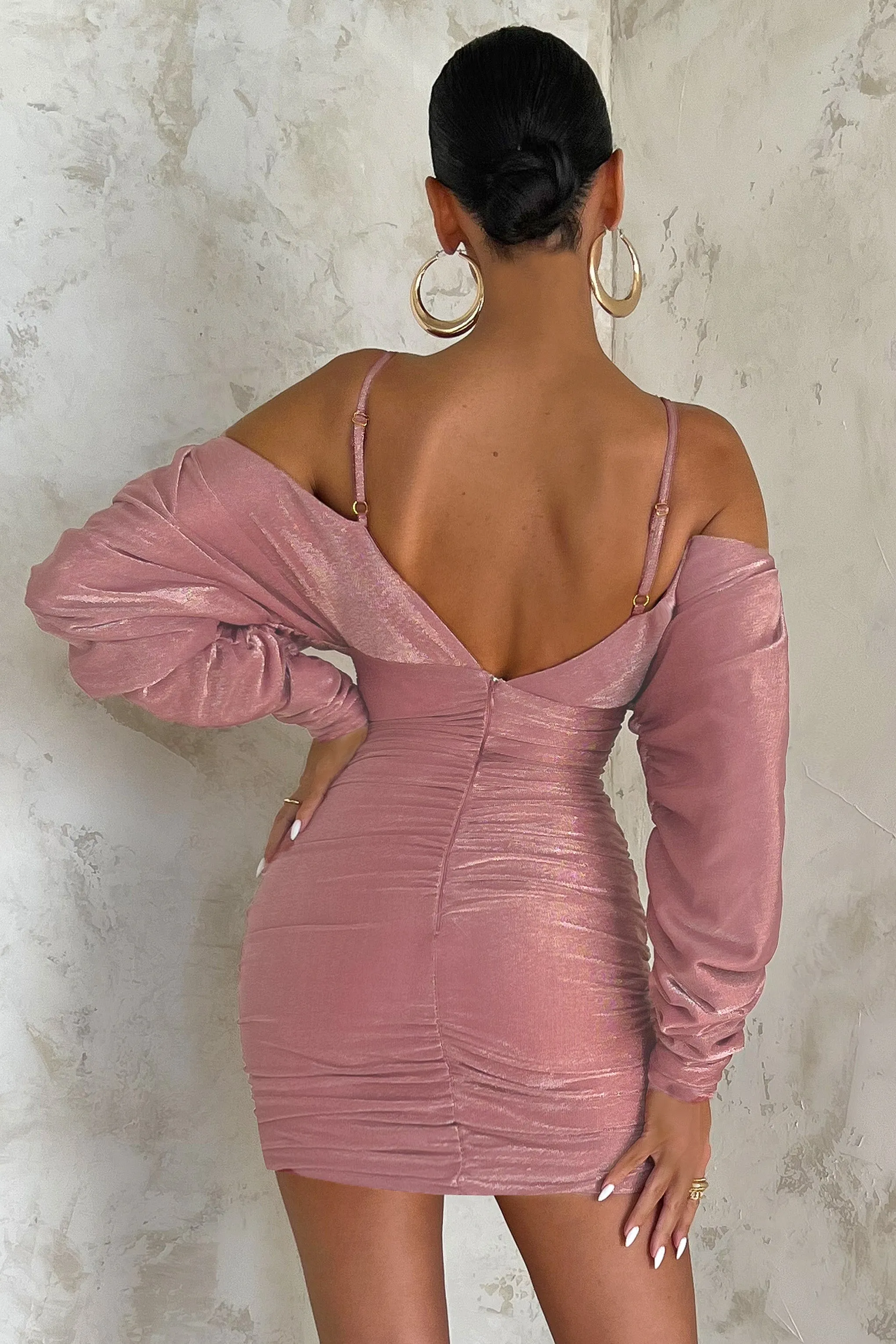 Cupid's Wish | Rose Metallic Off The Shoulder Ruched Mini Dress