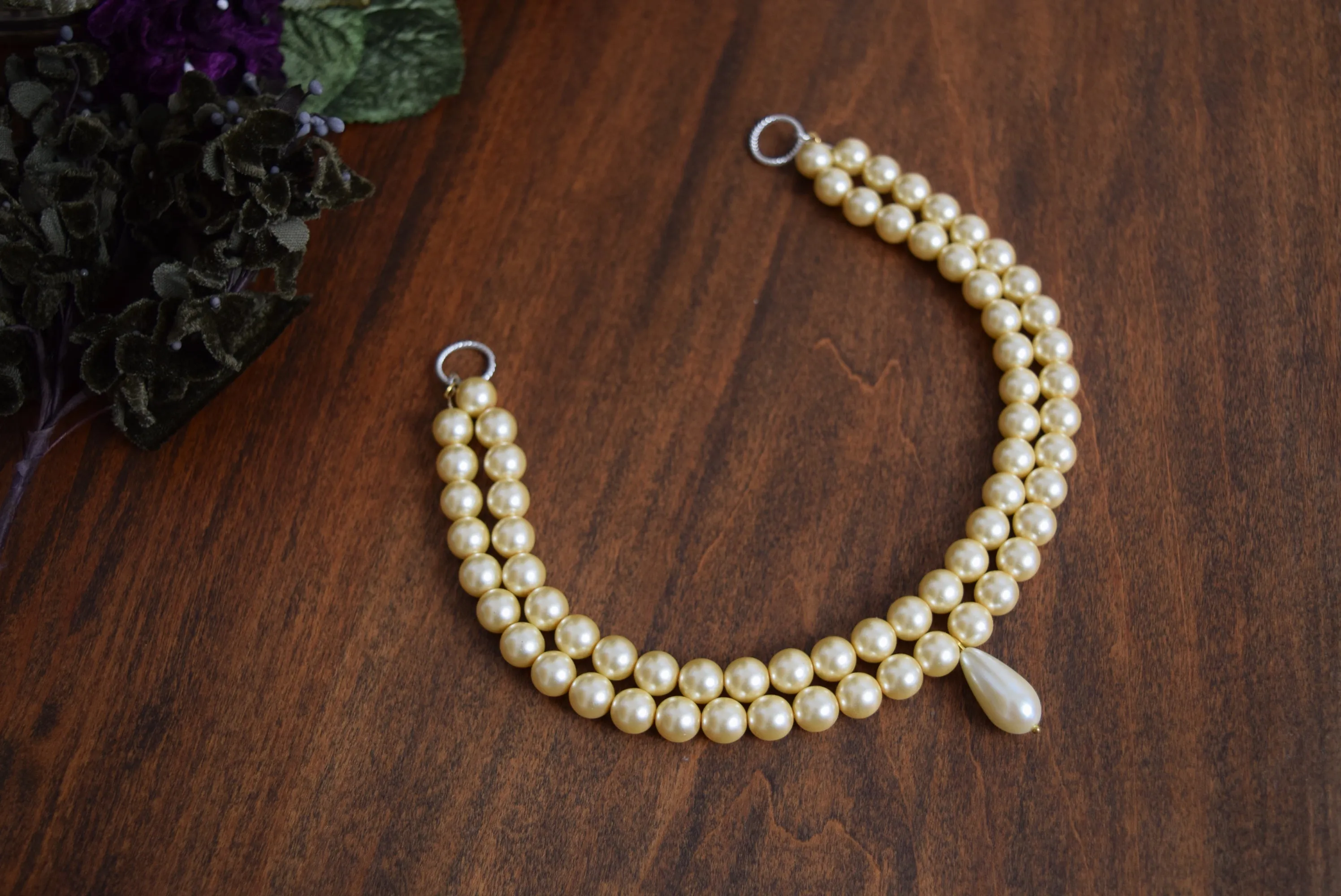 Double Strand Pearl Necklace - Medium Cream with Teardrop