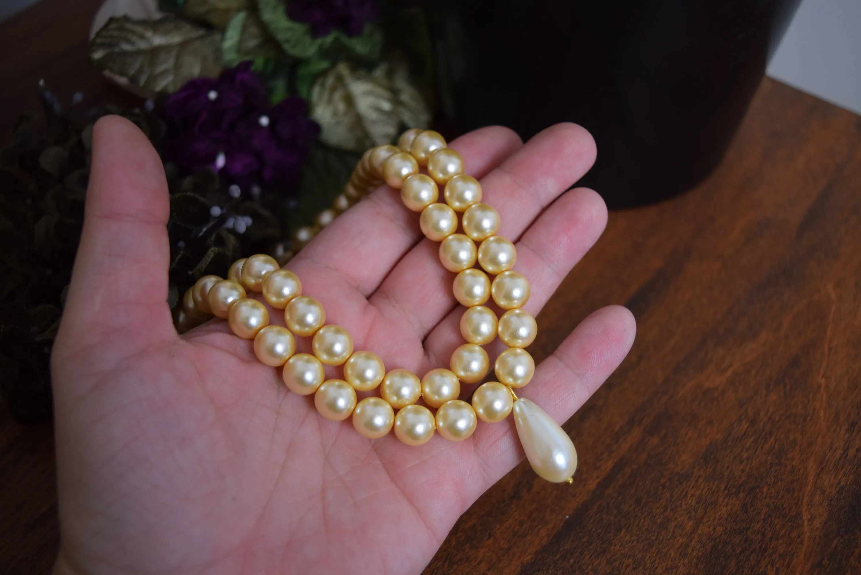 Double Strand Pearl Necklace - Medium Cream with Teardrop