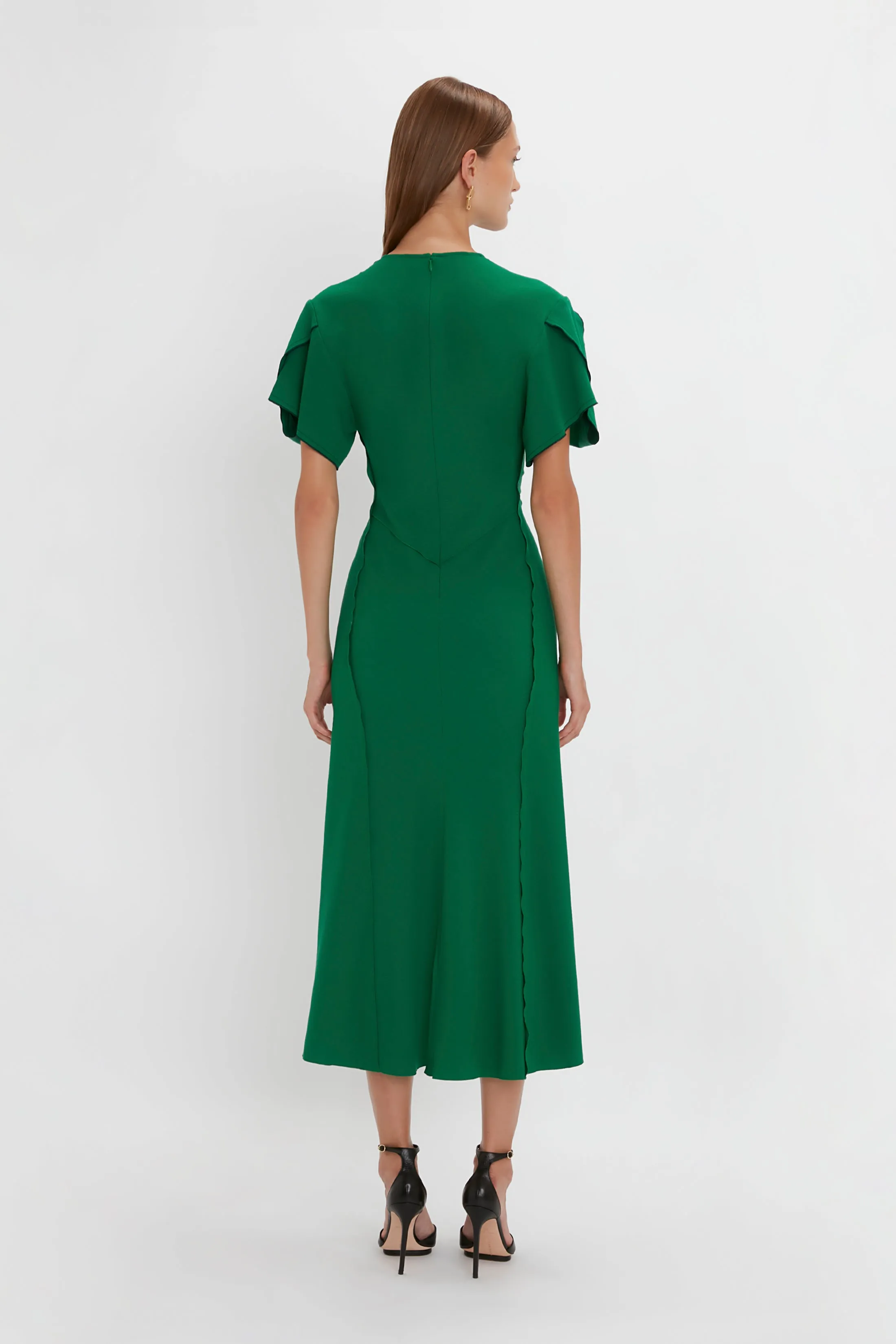 Gathered V-Neck Midi Dress in Emerald