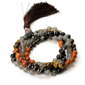 Grey Chalcedony, Tiger's Eye and Jasper 8mm Knotted Mala with Silk Tassel #104