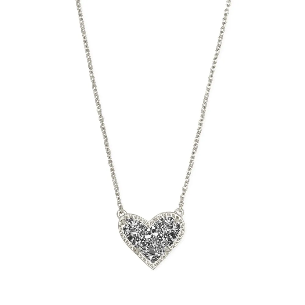 Kendra Scott Ari Heart Rhodium Short Pendant Necklace in Platinum Drusy