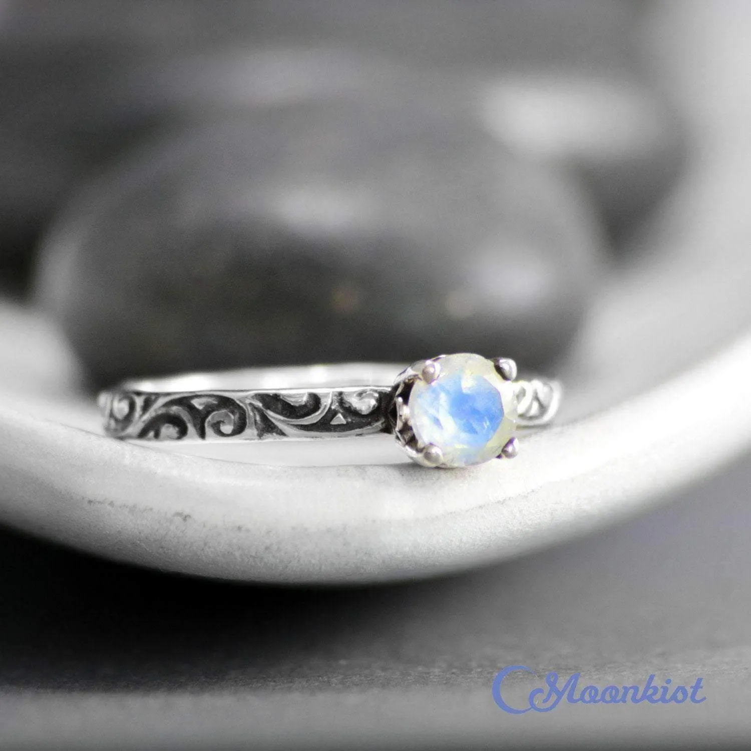 Natural Moonstone Engagement Ring with Swirl Engraved Band | Moonkist Designs