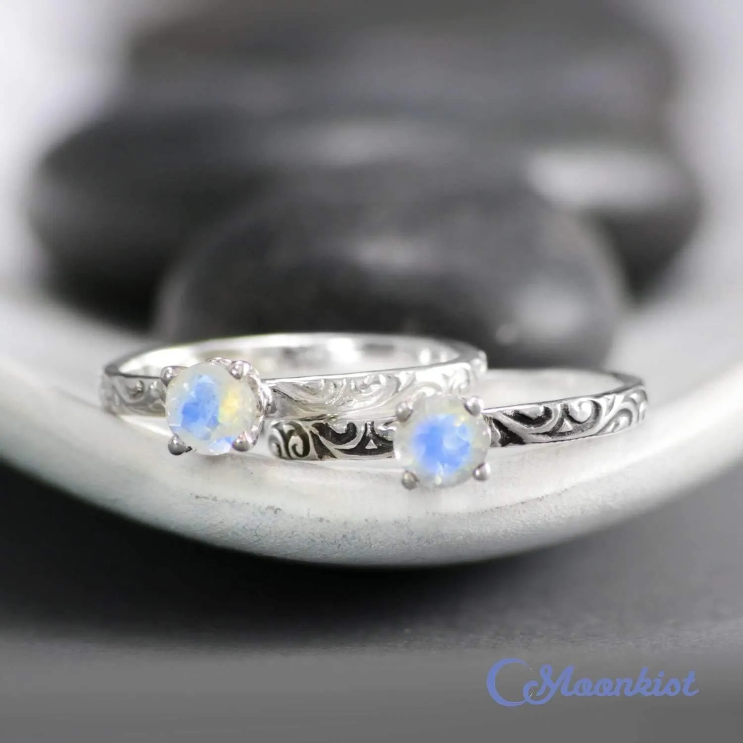 Natural Moonstone Engagement Ring with Swirl Engraved Band | Moonkist Designs