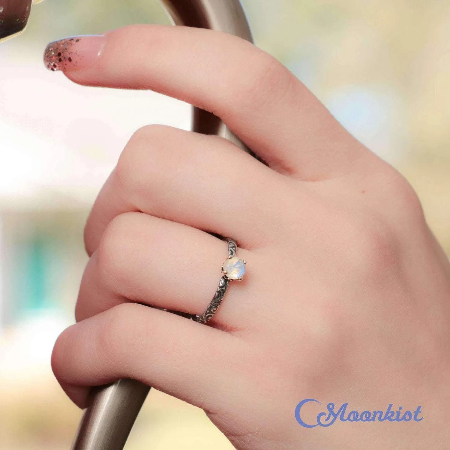 Natural Moonstone Engagement Ring with Swirl Engraved Band | Moonkist Designs