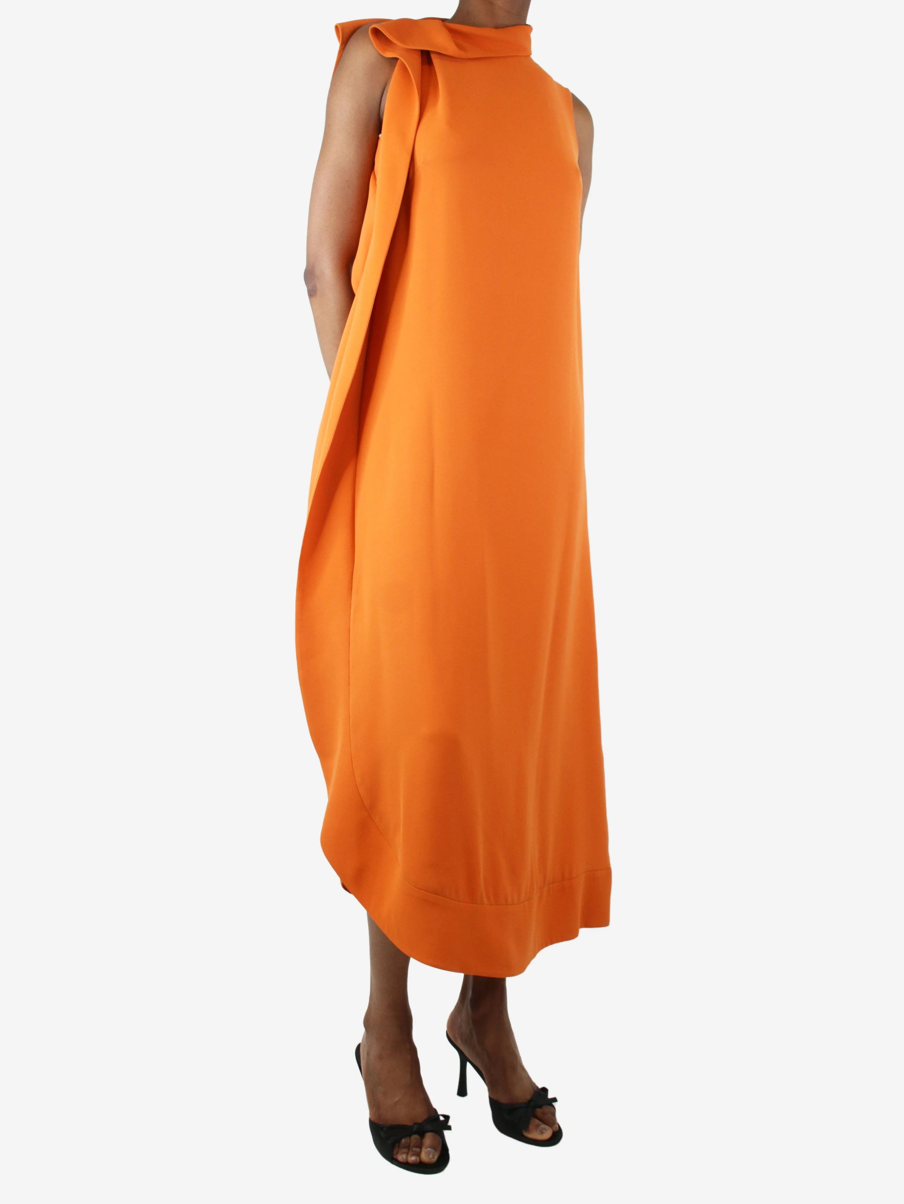 Orange sleeveless ruffle midi dress - size UK 6