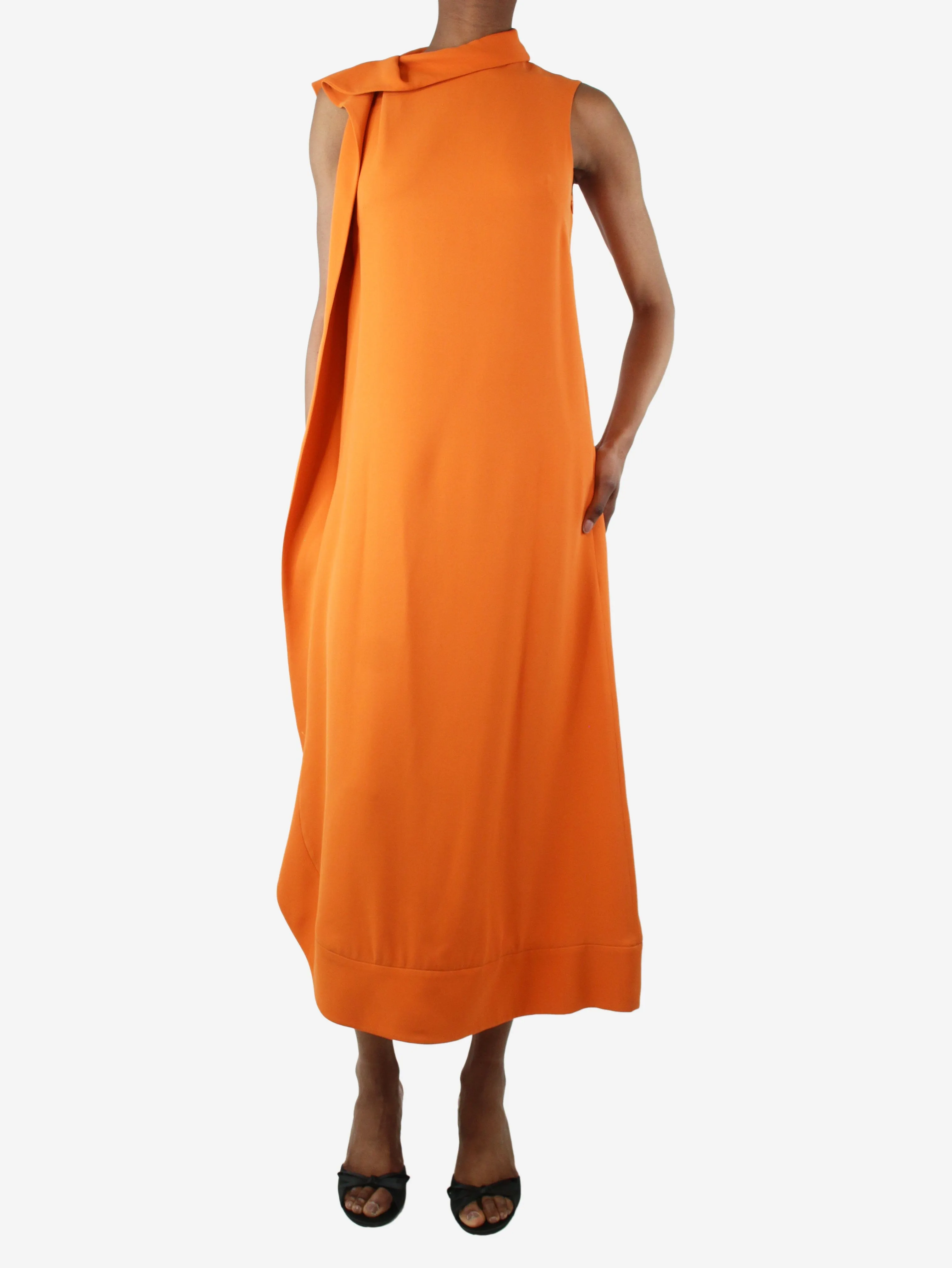 Orange sleeveless ruffle midi dress - size UK 6