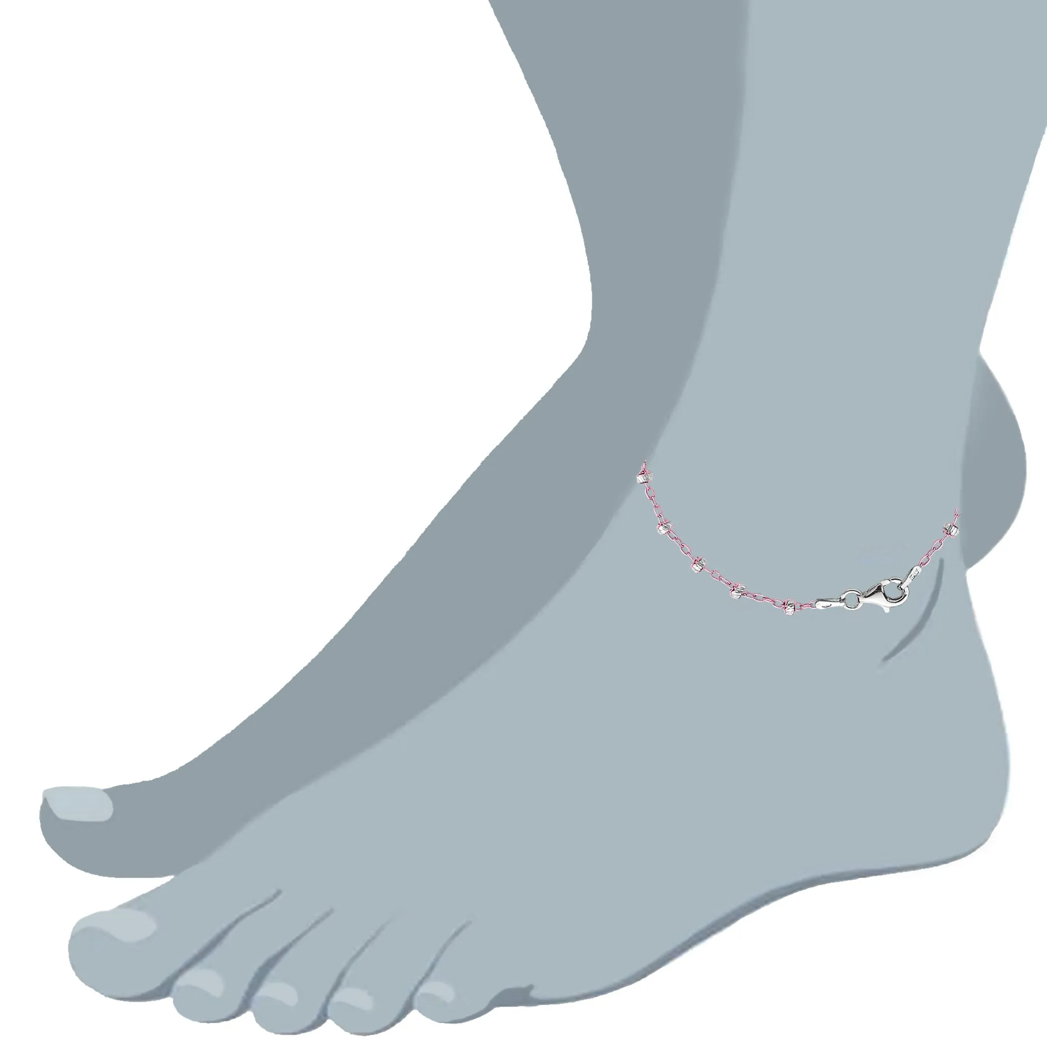 Pink And White Saturn Cable Style Chain Anklet In Sterling Silver