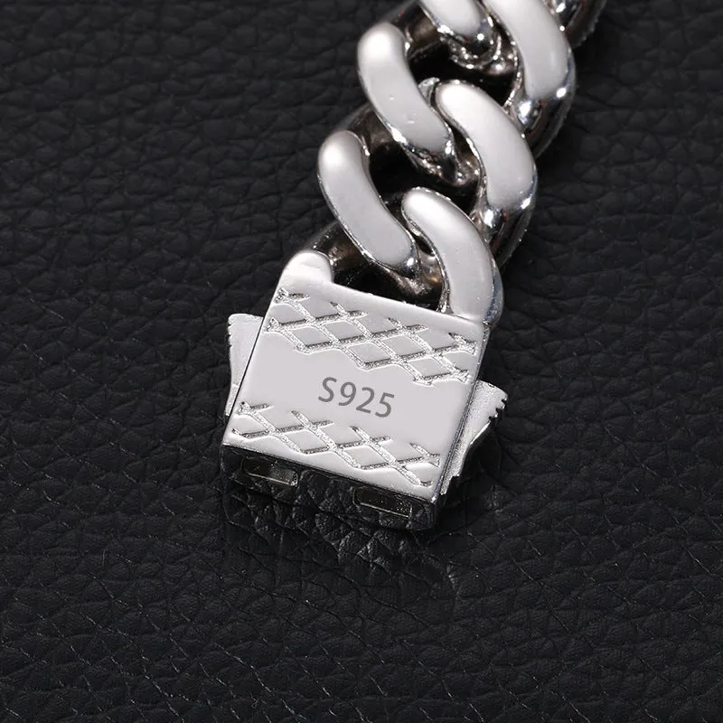 S925 Sterling Silver 15mm Iced Out Side-release Clasp Cuban Chain