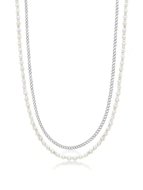 Silver Necklace Layer with 3mm Cuban Link Chain and Pearl Necklace