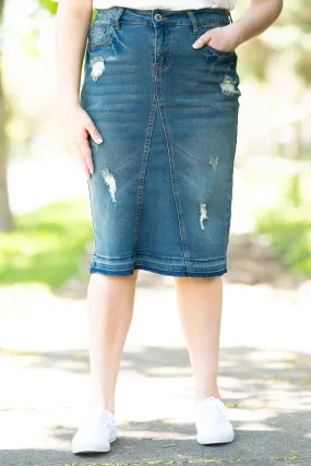 The Avery Distressed Denim Skirt in Vintage