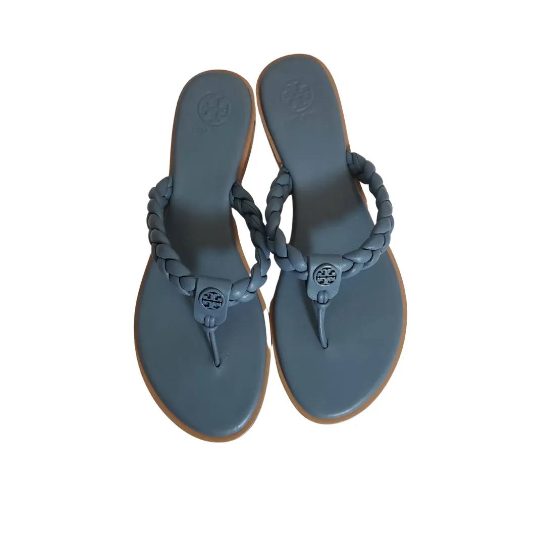 Tory Burch Grey-Blue Leather Braided Benton Thong Sandals | Like New |